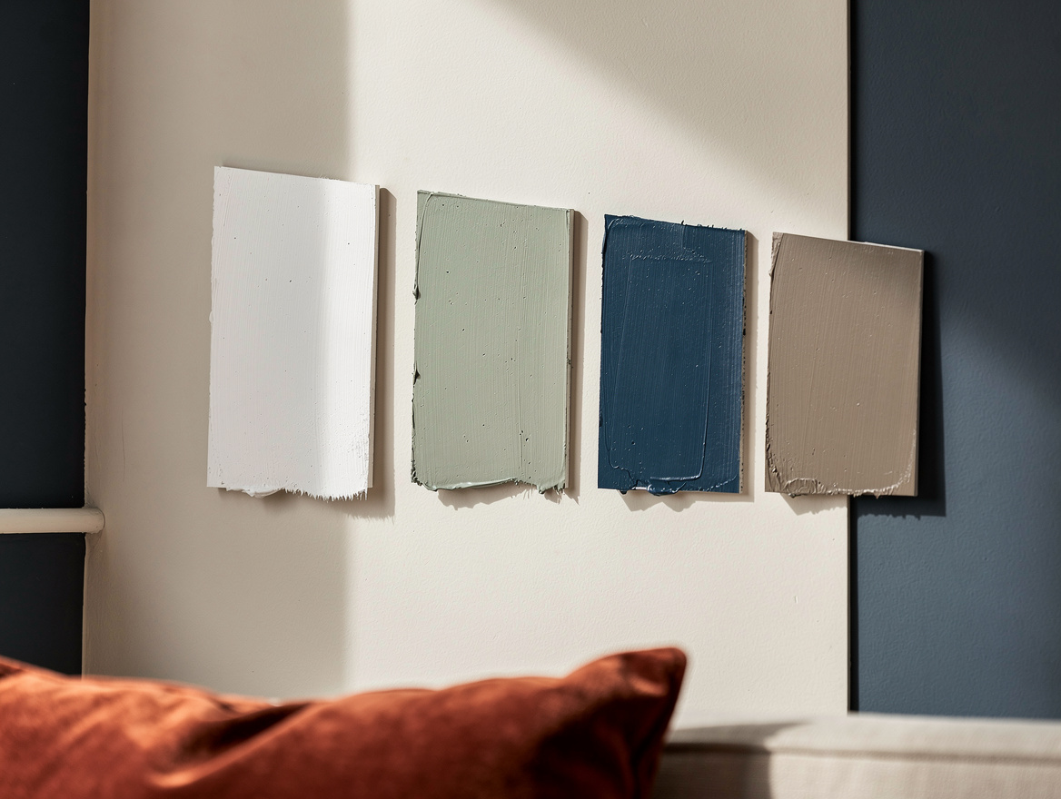 Realistic close-up editorial photo of painted wall sample cards in warm white, g