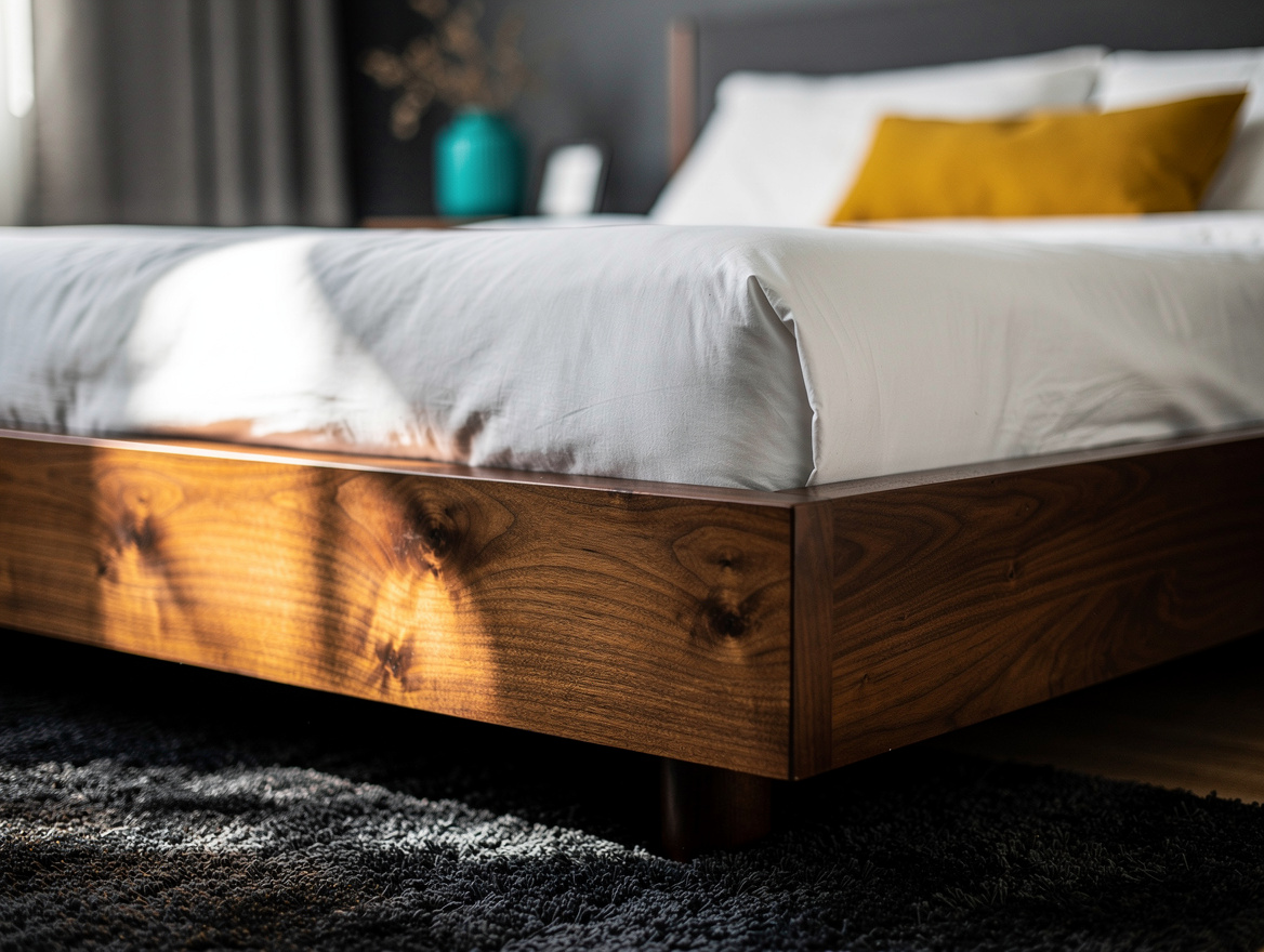 Close-up editorial photo of a walnut platform bed corner with visible wood grain