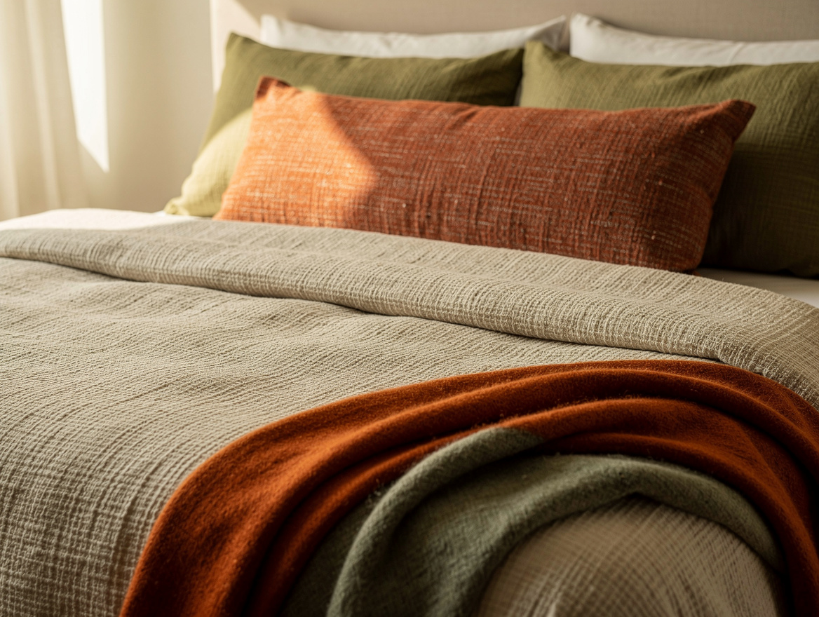 Close-up editorial detail of a bed with textured linen duvet, one lumbar pillow,