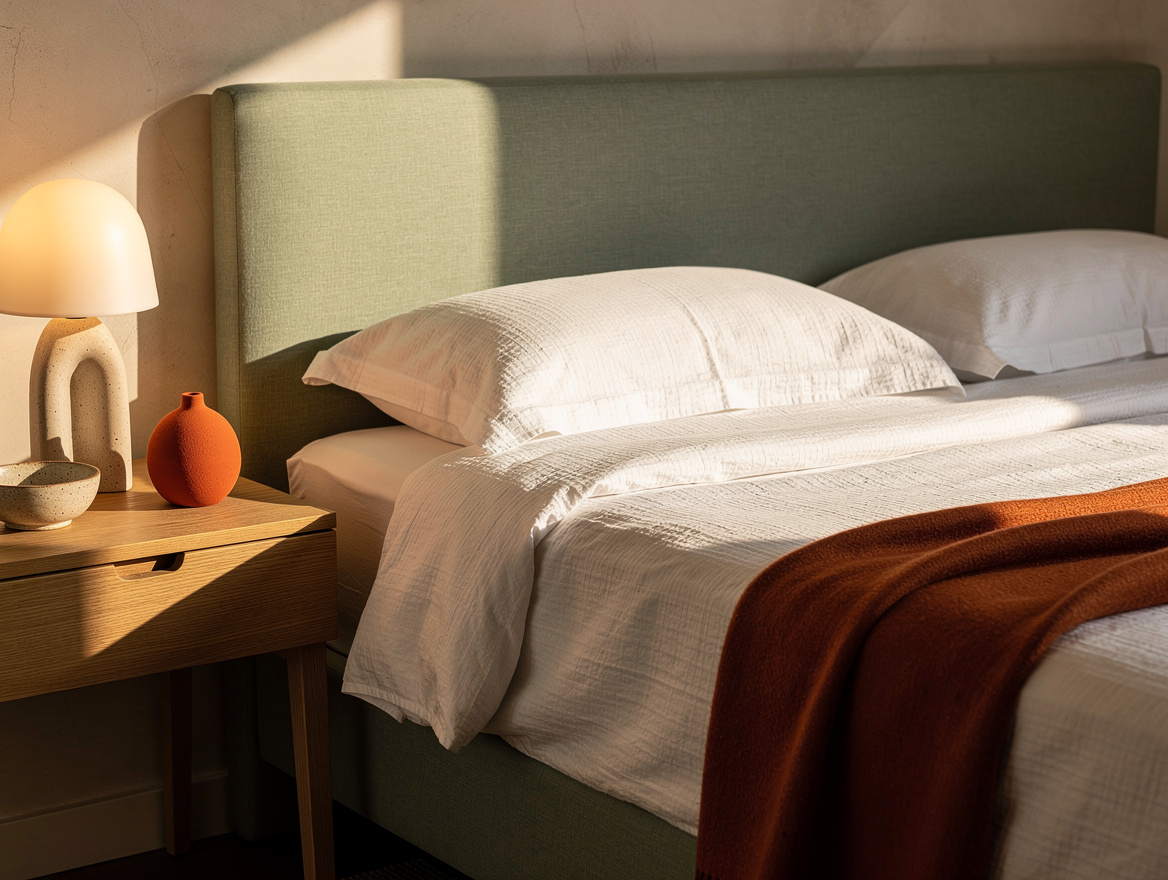 Realistic editorial detail photo of a twin bed corner with a linen headboard, co