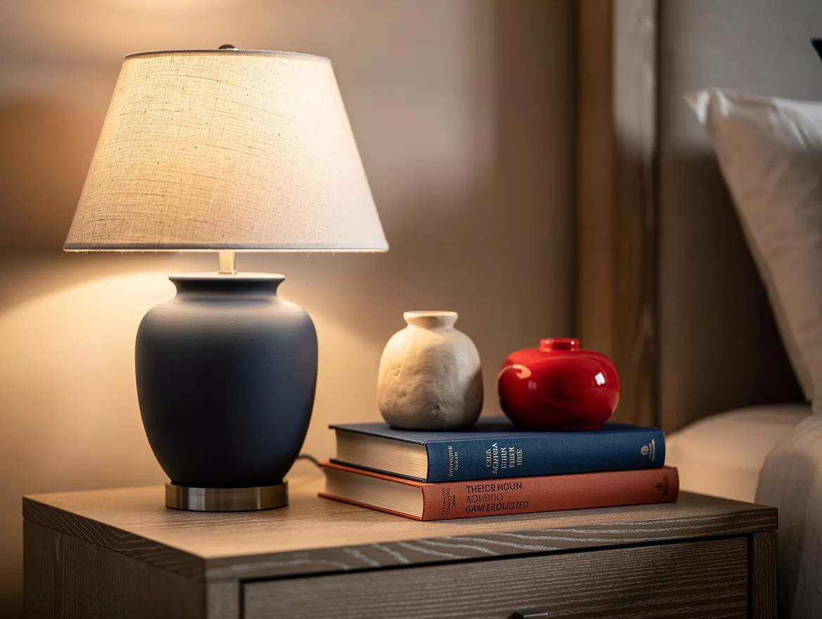Close-up editorial detail of a primary bedroom nightstand with a linen-shade lam