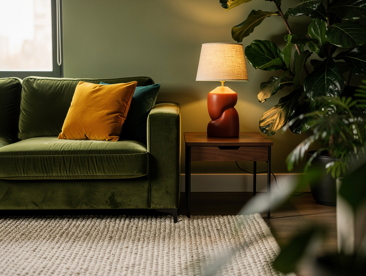 Close-up editorial detail of a green living room corner with olive velvet sofa,