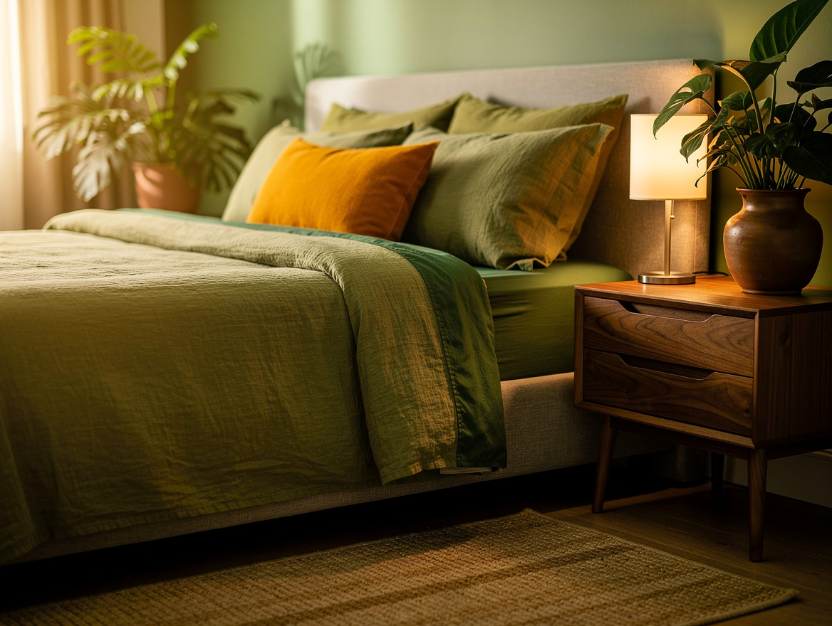 Realistic editorial close-up of an olive bedroom corner with linen bedding, waln