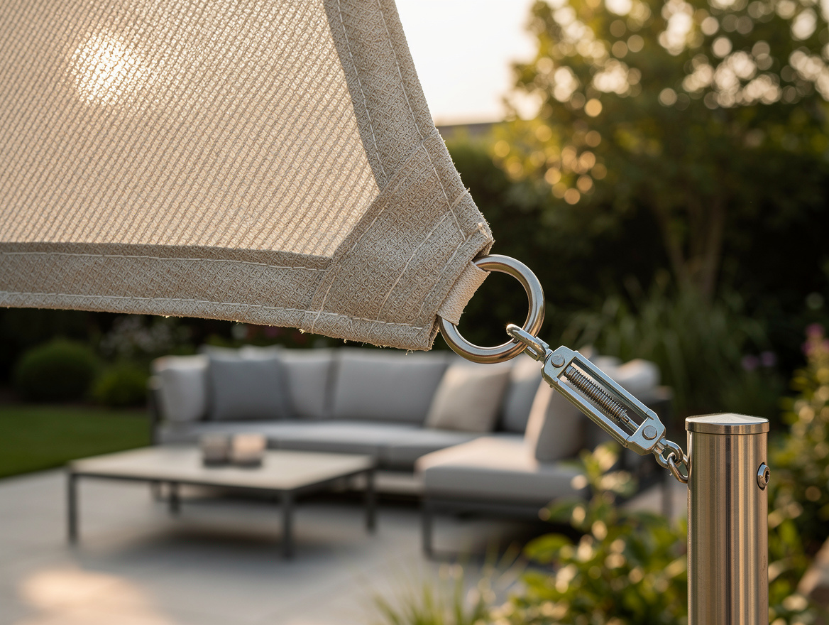 Close-up editorial photo of a HDPE shade sail corner mounted above a patio seati