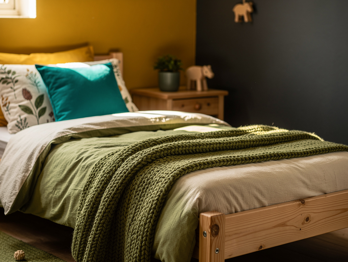 Editorial detail photo of a child’s nature-themed bedroom corner, organic cotton