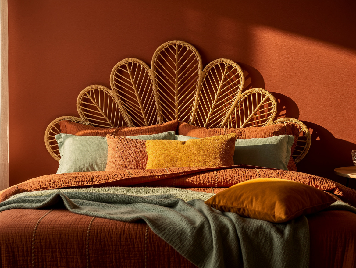 Close-up editorial photo of a rattan peacock headboard against a terracotta wall