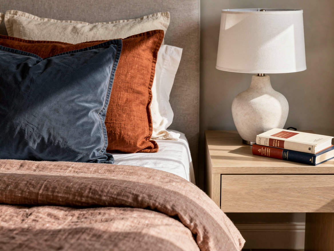 Close-up editorial detail of warm taupe linen bedding, a deep blue accent pillow