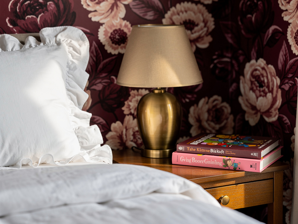 Close-up editorial detail of floral wallpaper, ruffled cotton bedding, brass tab
