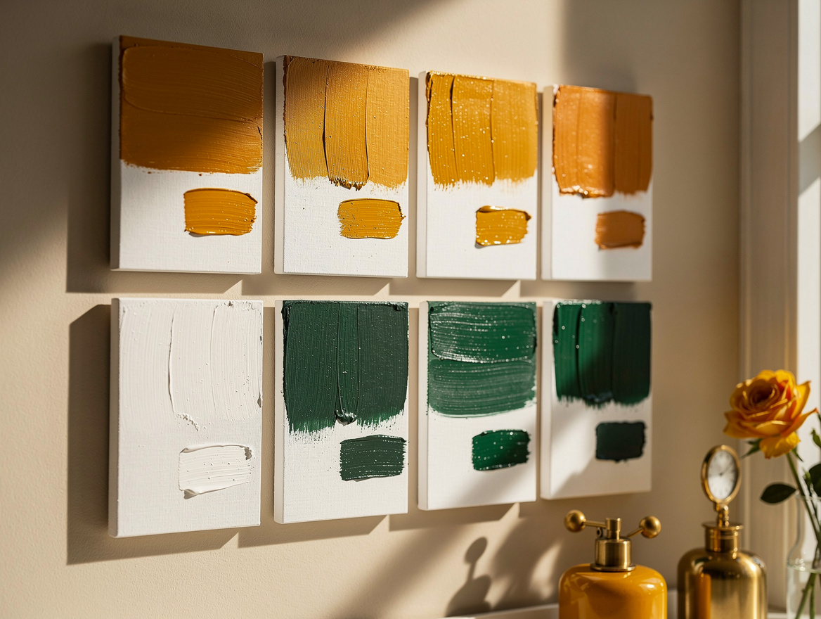 Realistic editorial detail photo of white paint sample boards labeled by shade o