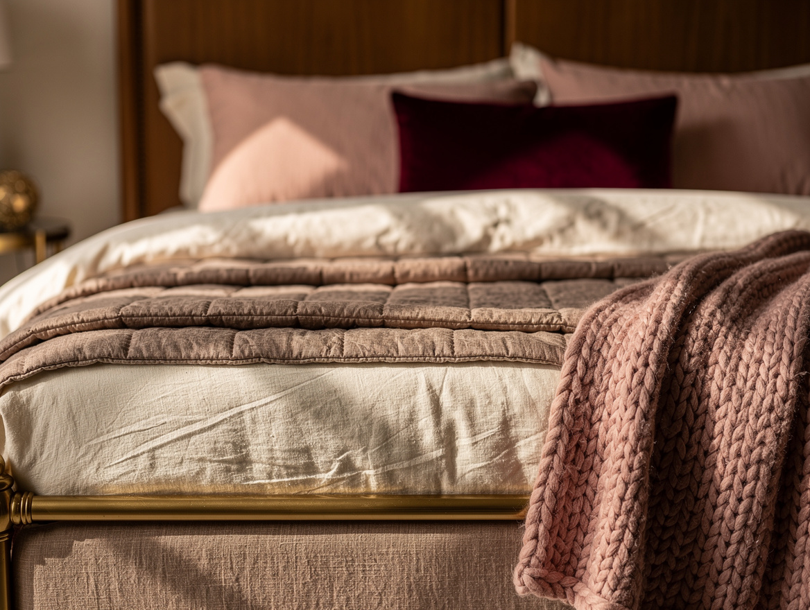 Realistic editorial close-up of layered bed styling, cream linen duvet, taupe qu