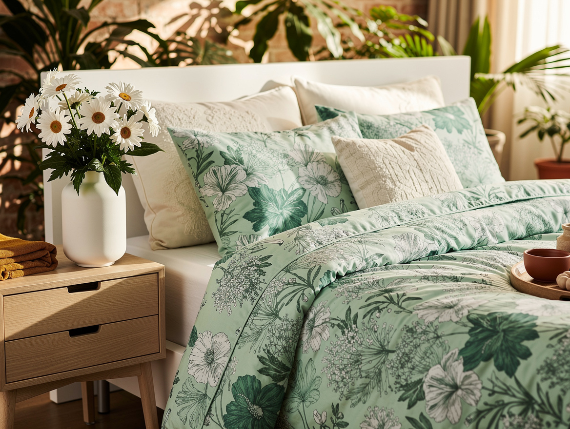 Realistic editorial detail photo of mint green floral bedding layered with cream
