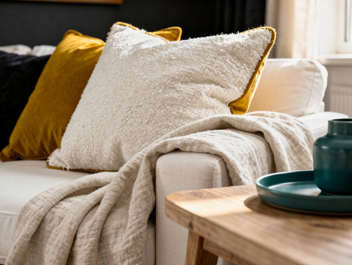 Close-up editorial detail of creamy white living room textures, boucle pillow, l