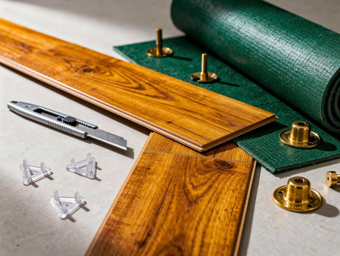 Close-up editorial photo of hands-free DIY flooring scene with cut luxury vinyl