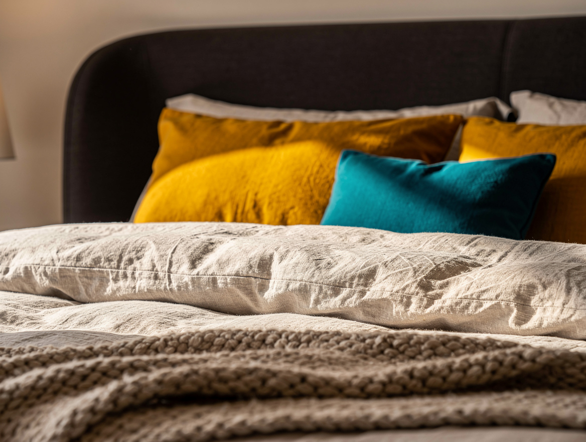 Close-up editorial photo of modern bedroom bedding, washed linen duvet in oatmea
