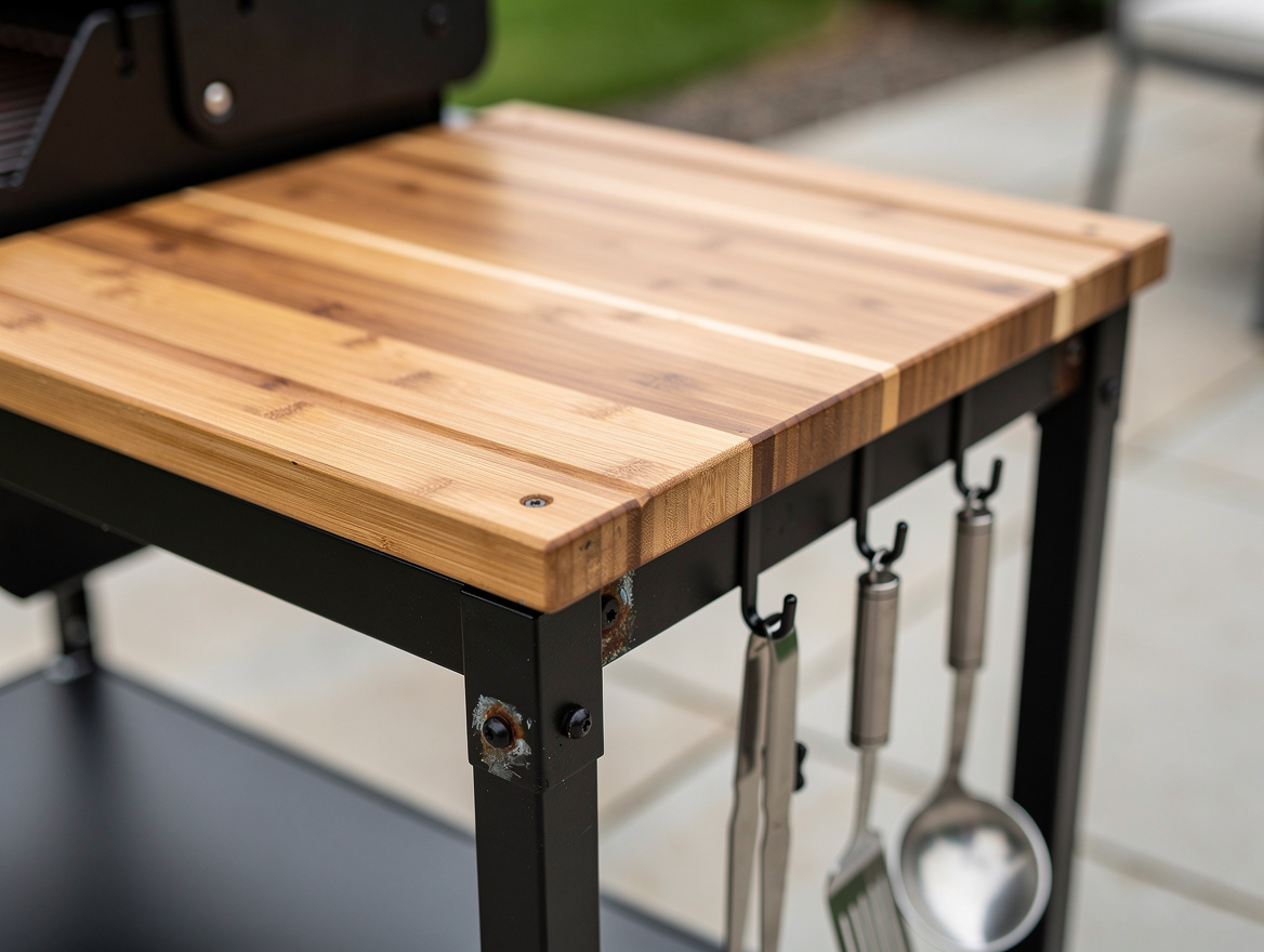 Close-up editorial photo of a weatherproof bamboo countertop attached to a black