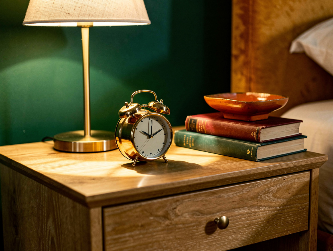 Close-up editorial photo of a retro-inspired nightstand with a fabric-shade lamp