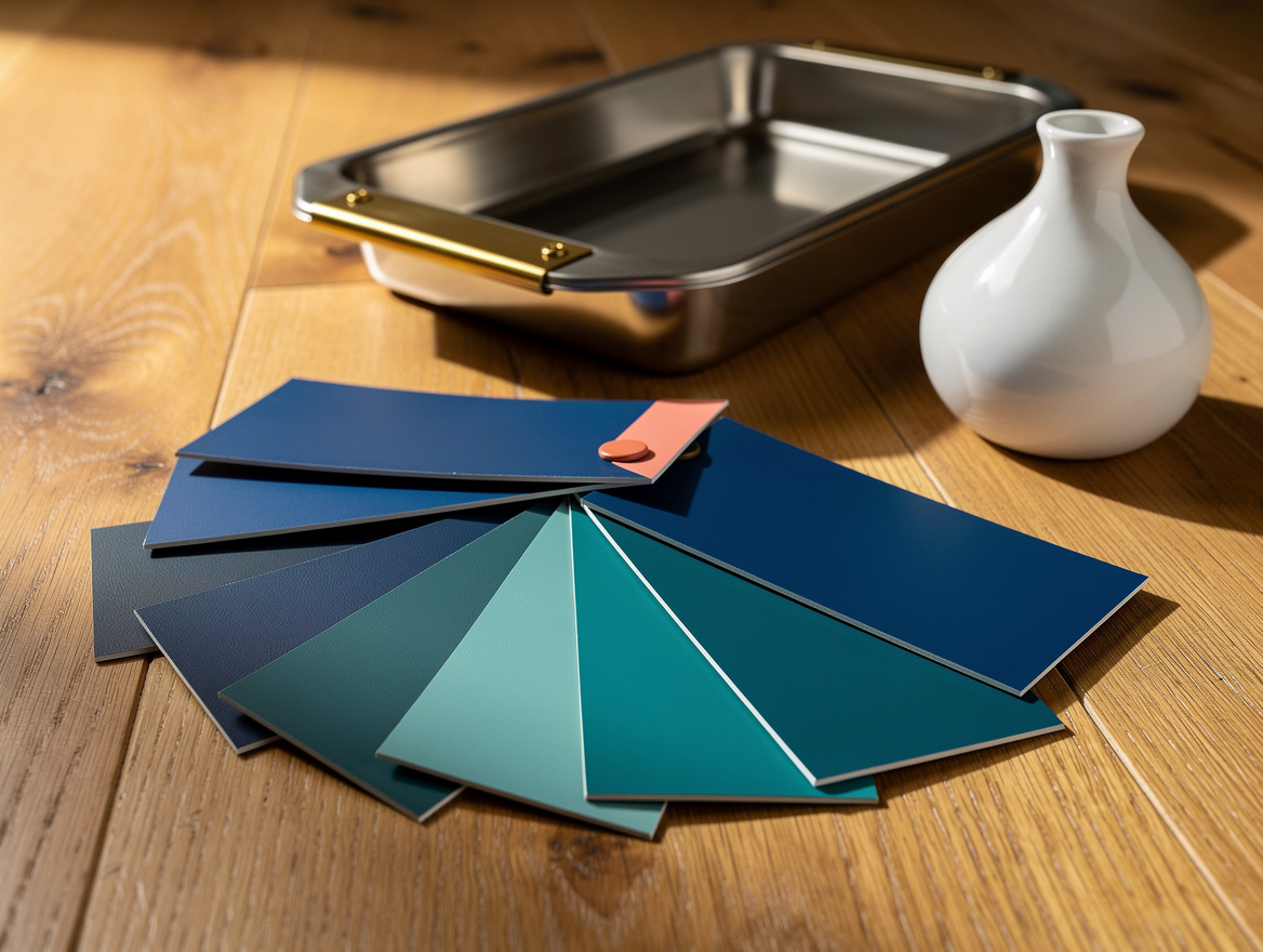 Realistic close-up editorial photo of blue paint sample cards beside a brushed m