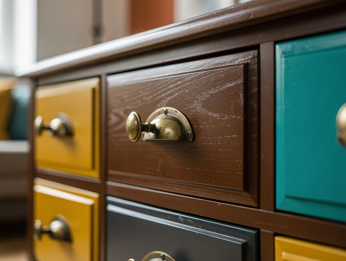 Close-up editorial photo of painted furniture drawers in warm chocolate brown wi