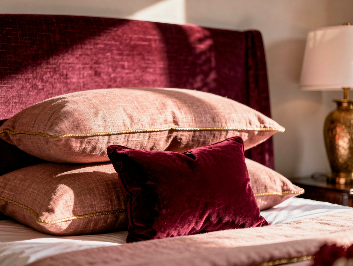 Close-up editorial photo of an upholstered headboard in textured linen with stac