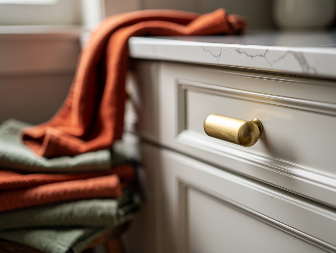 Close-up detail photo of a quartz kitchen countertop edge meeting warm white sha