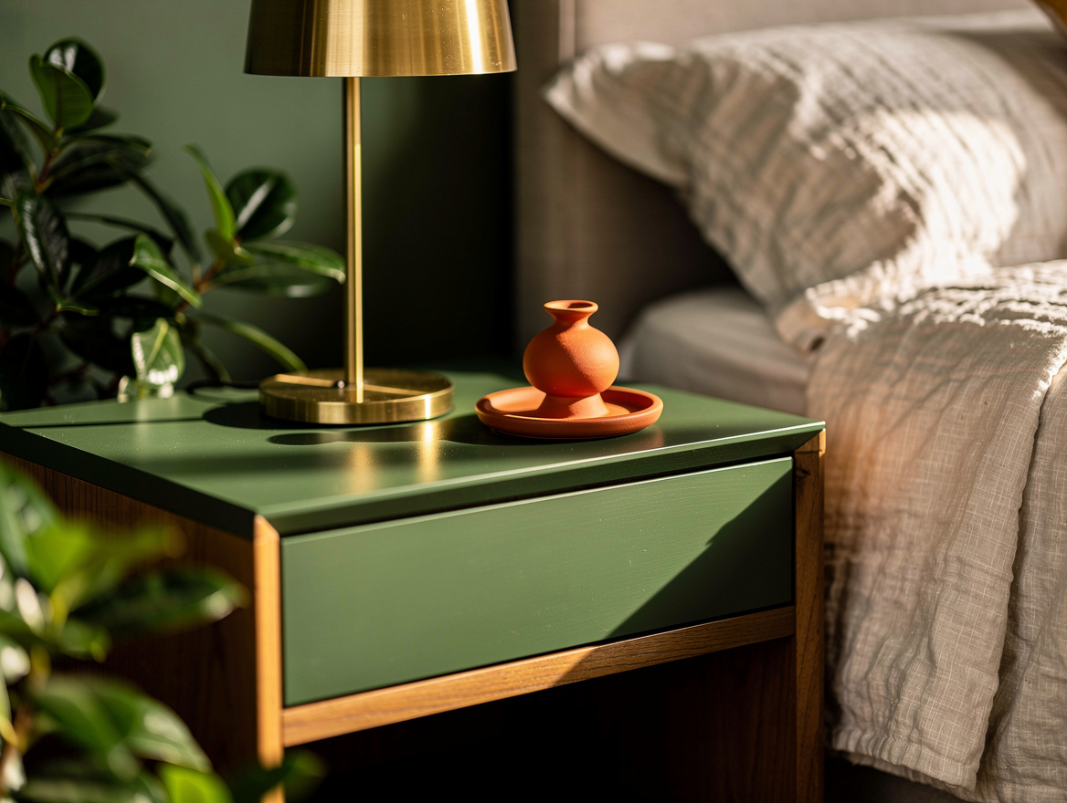 Close-up editorial photo of a green bedroom nightstand with a brass lamp, linen