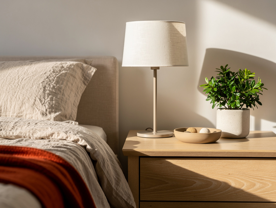 Close-up editorial detail of a Japandi bedside setup with a light wood nightstan