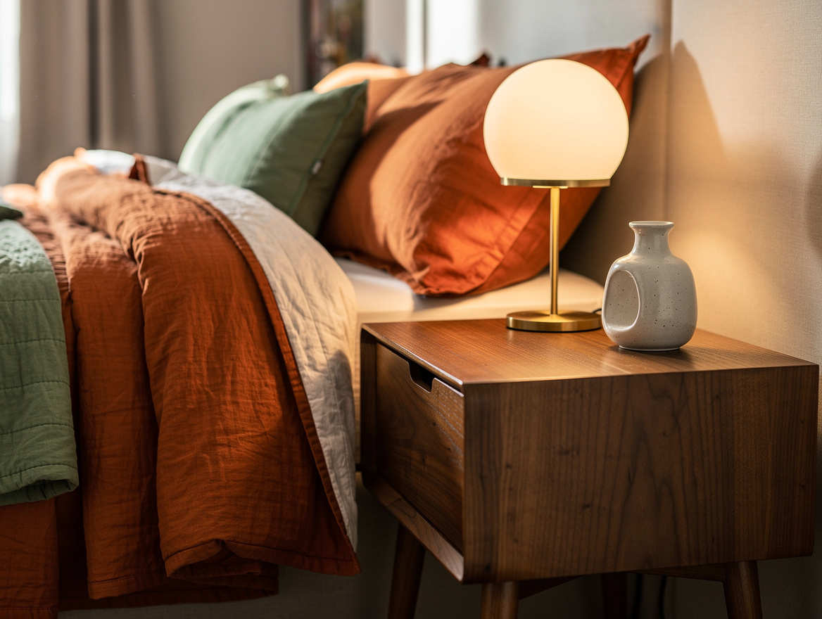 Close-up editorial photo of a warm walnut nightstand with tapered legs, globe la