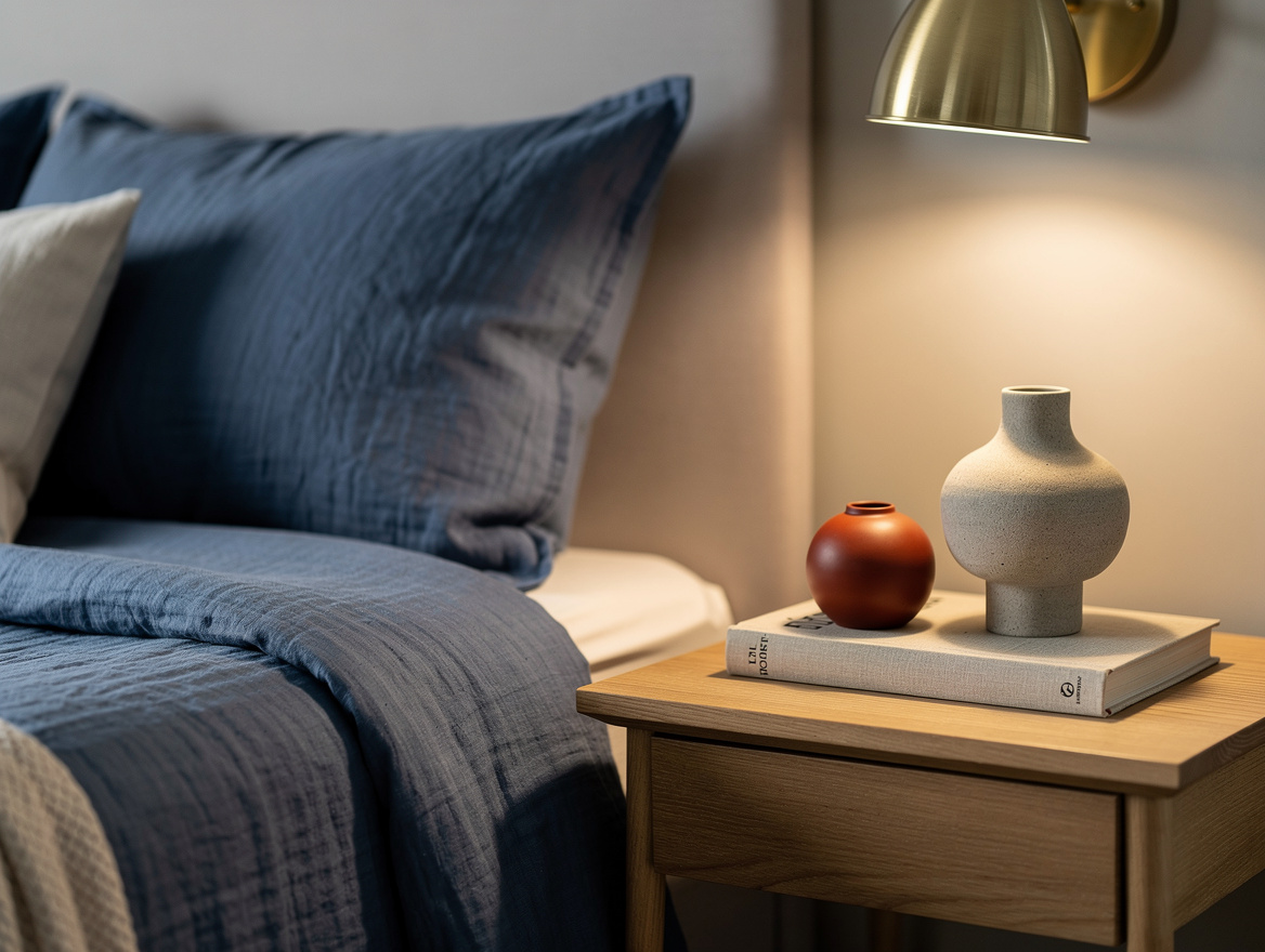 Close-up editorial photo of a feng shui bedroom nightstand vignette, linen beddi