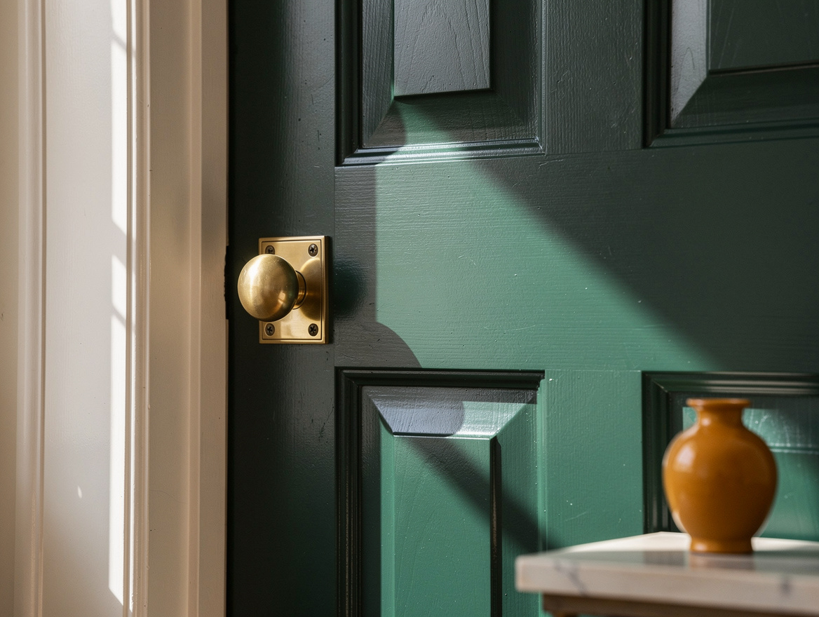 Realistic close-up editorial photo of a painted interior door in muted green wit