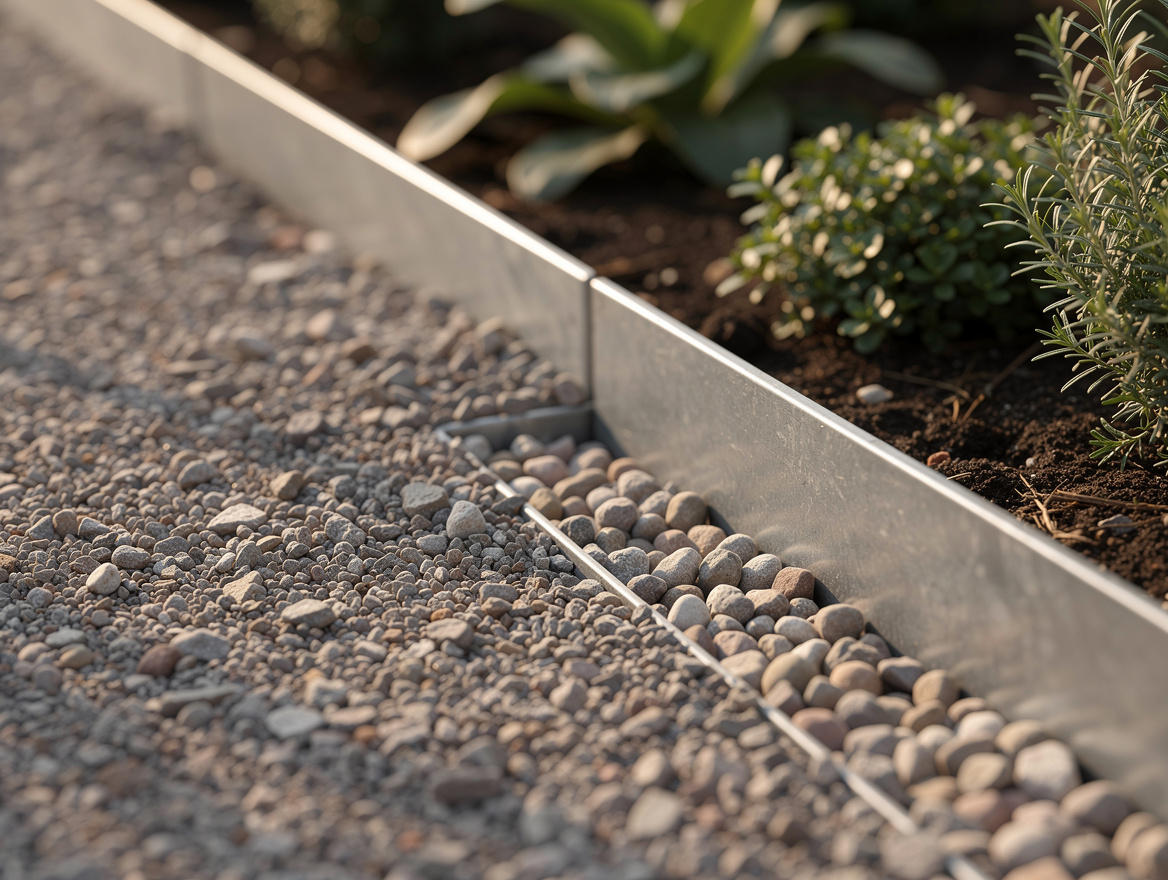 Close-up editorial photo of a modern garden path edge, galvanized steel border,