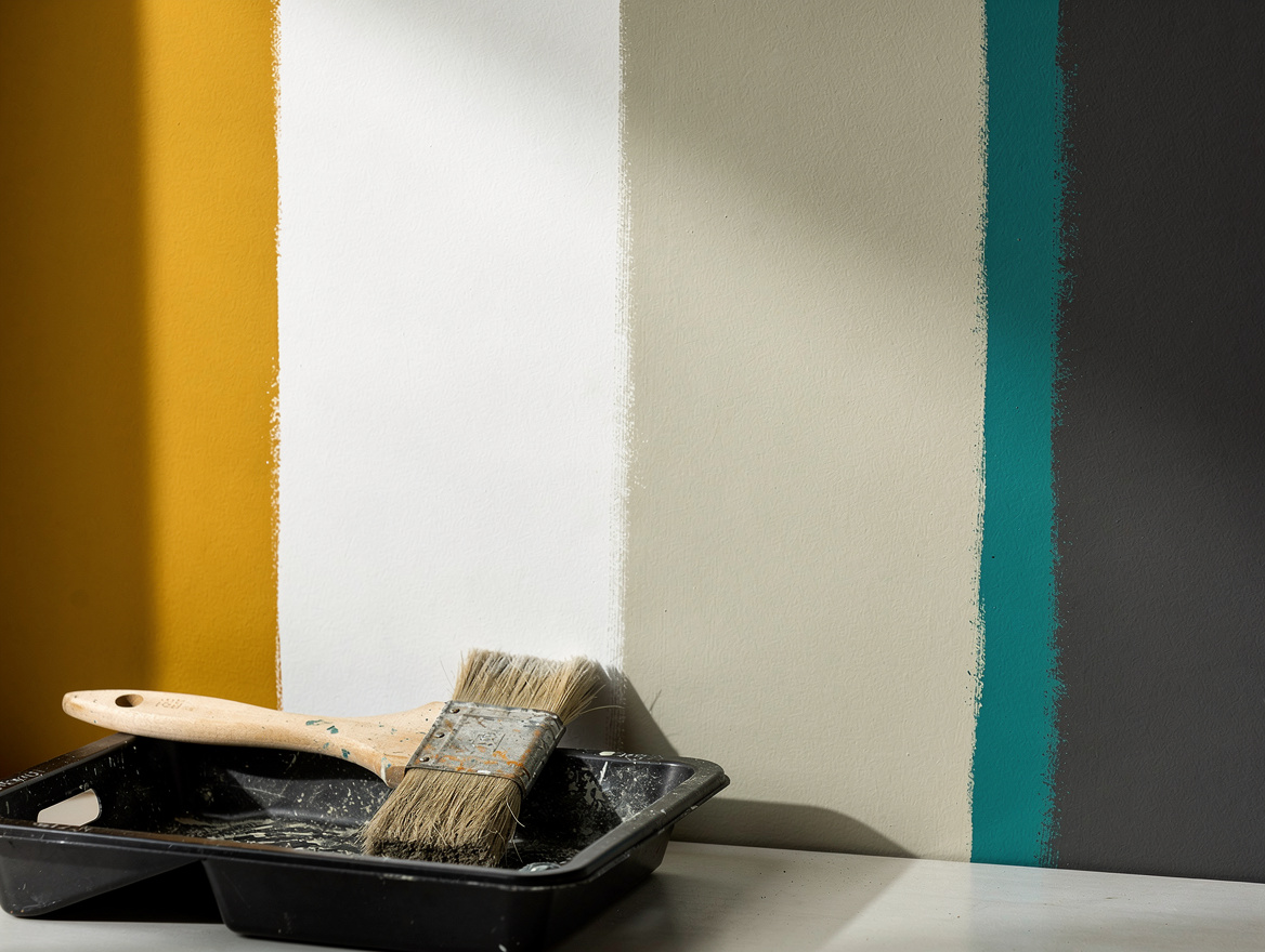 Realistic editorial close-up of painted interior wall samples in warm white, off