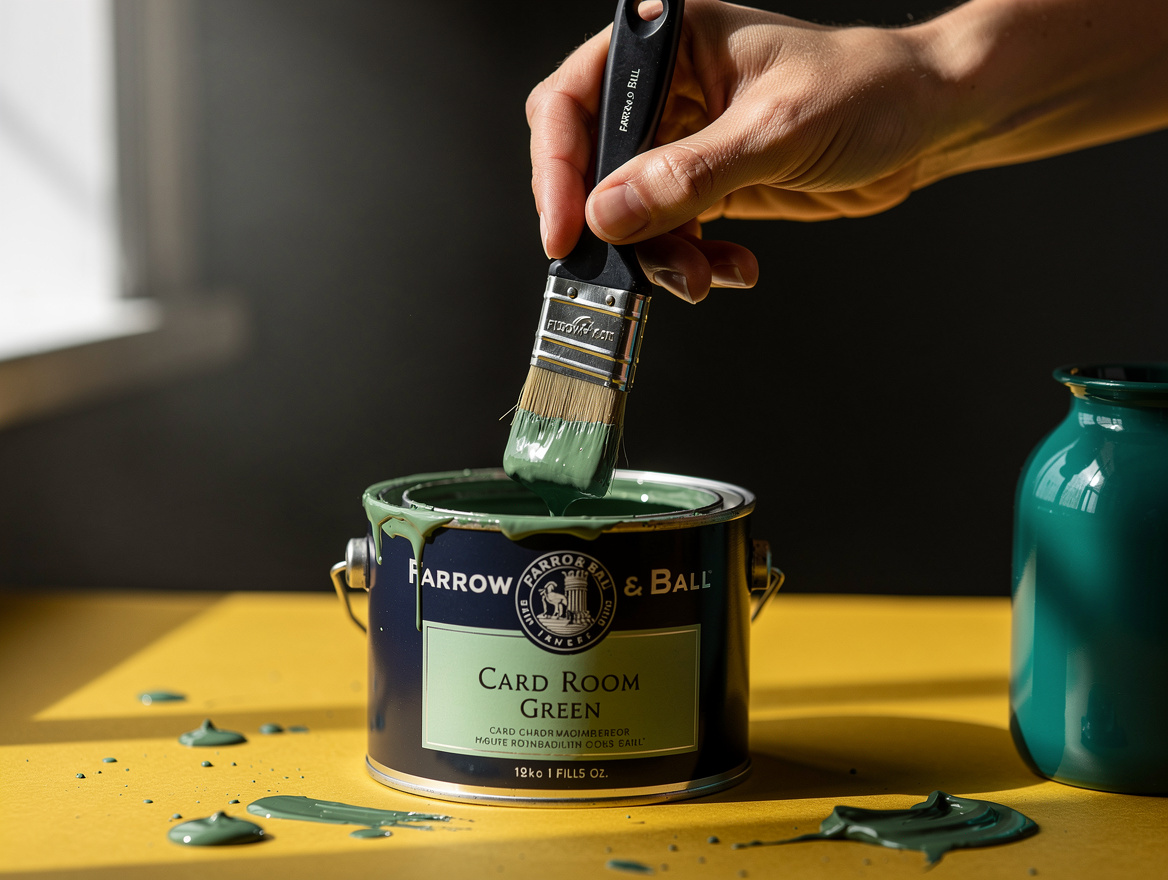 close up of a hand dipping a brush into Farrow & Ball cardroom green paint, soft