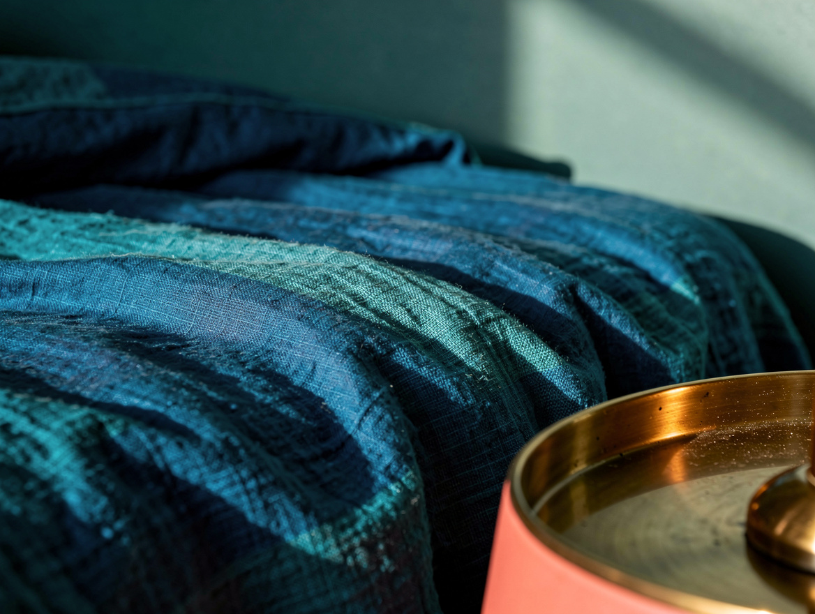 Close-up detail shot of a linen duvet cover texture against a muted blue-green w