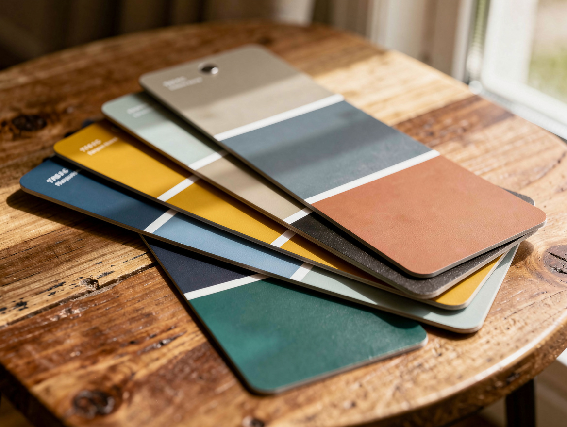 Close-up editorial photo of a paint swatch card fanned out with warm greige, min
