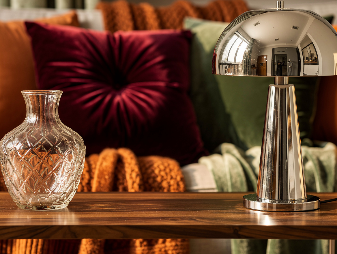 Close detail editorial photograph of a chrome lamp beside a textured glass vase,