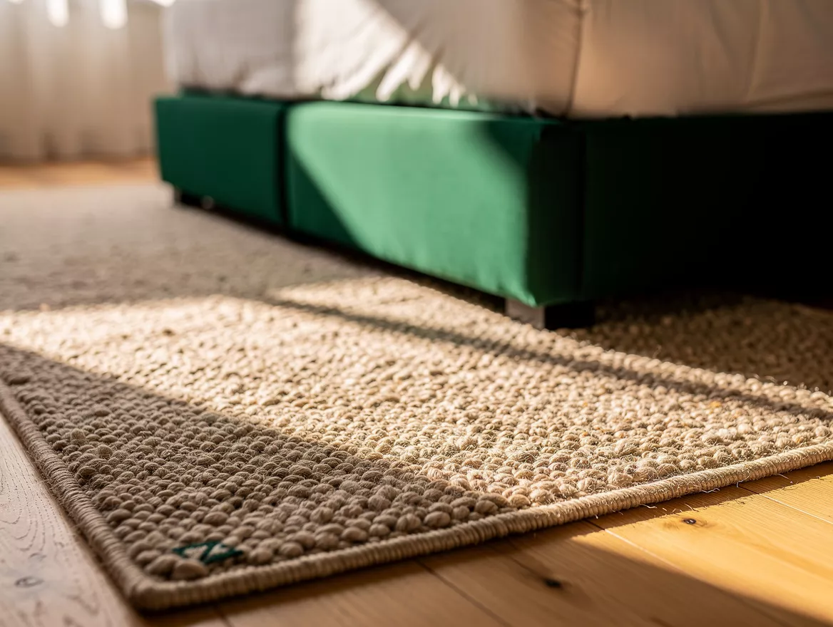 Close detail photograph of a textured oatmeal wool bedroom rug extending beside