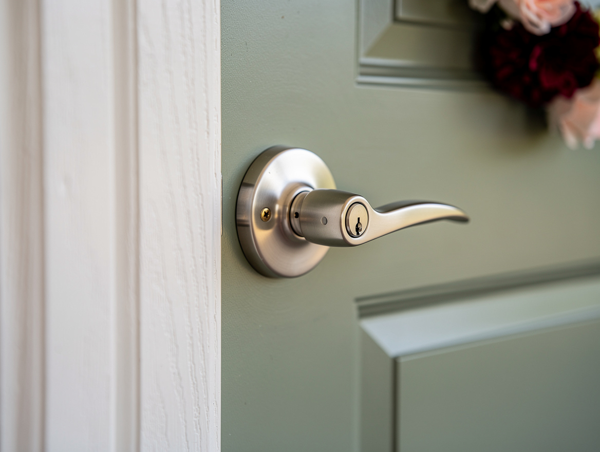 Close detail photo of a satin nickel front door handle on a muted sage painted f