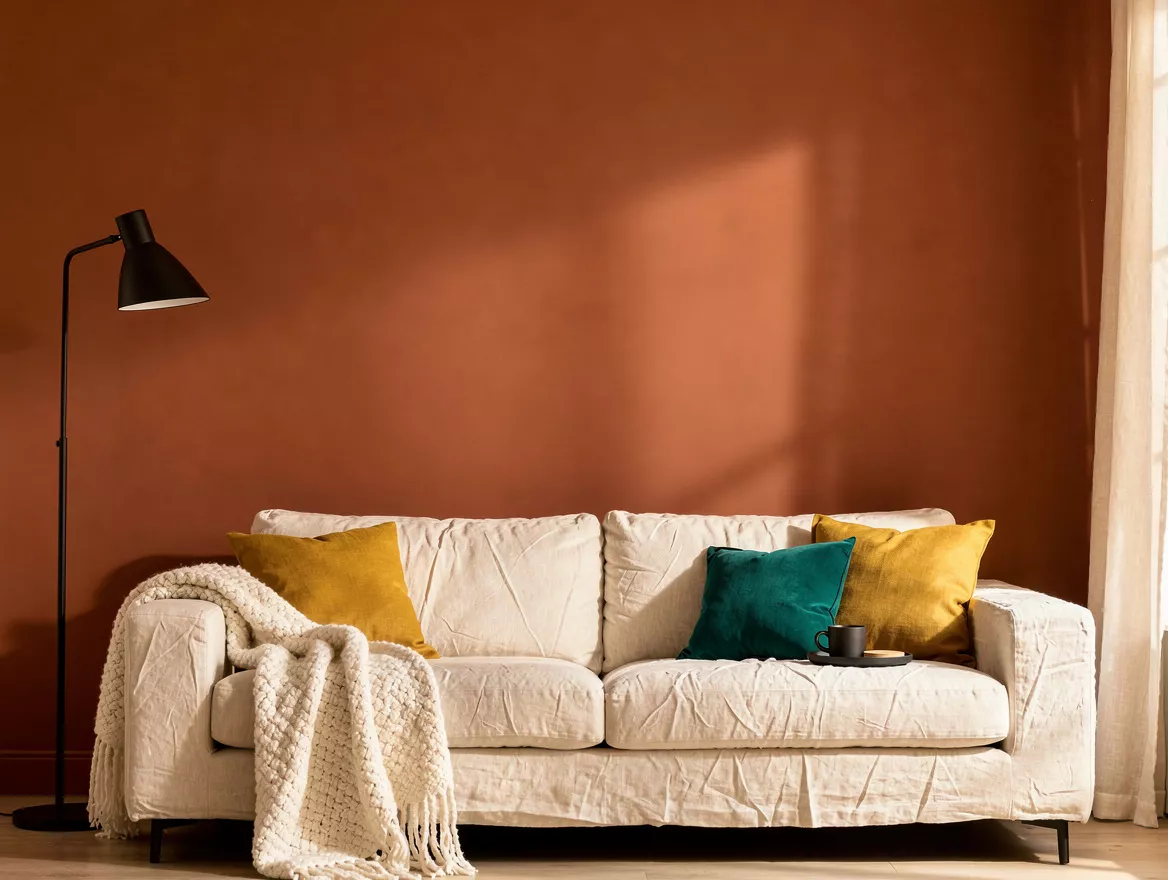 Editorial close-up of terracotta-painted living room wall behind a cream linen s