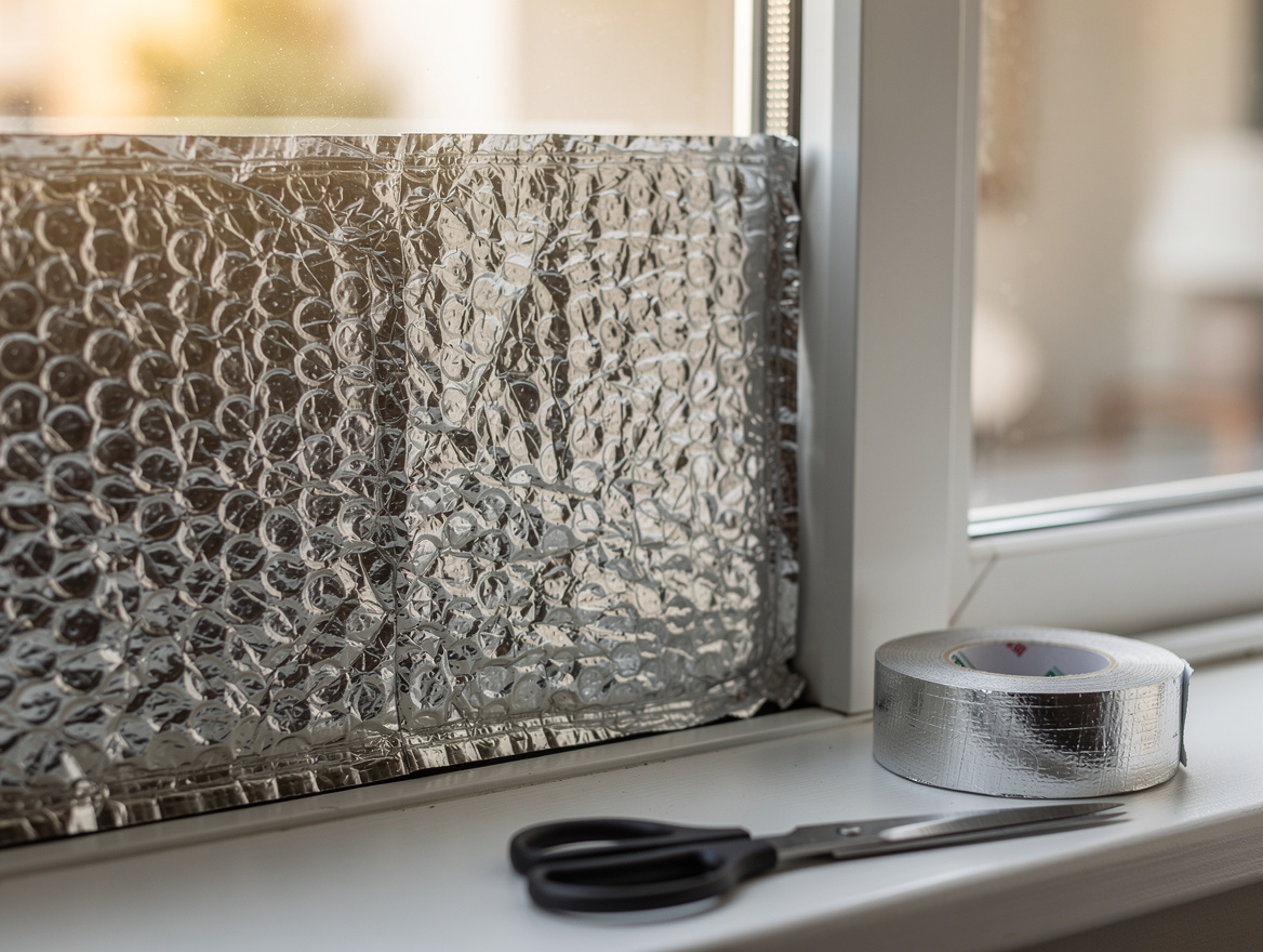 Close-up editorial photo of reflective bubble insulation panel cut to fit a resi