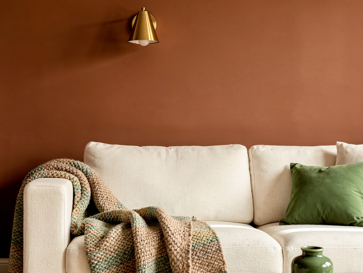 Close detail photo of muted terracotta living room paint behind a cream linen so