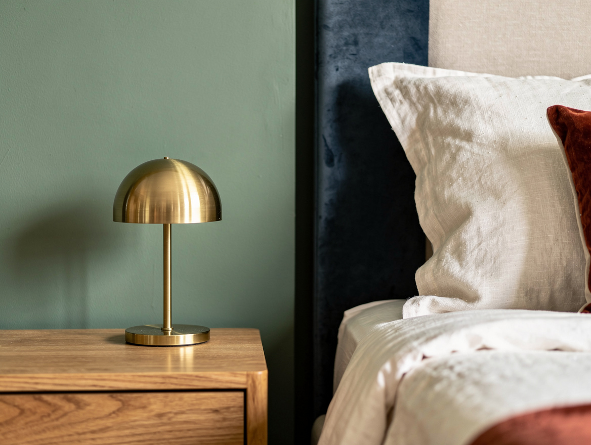 Close detail of a painted bedroom wall in muted eucalyptus green beside ivory li