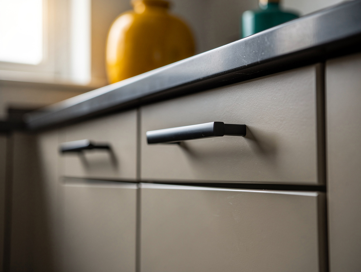 Close detail photo of matte black cabinet pulls against warm greige kitchen draw