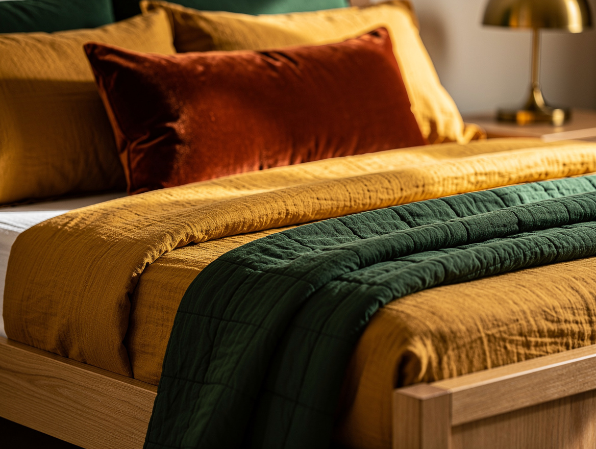 Close detail photograph of layered queen bedding in warm linen, cotton quilt, ru