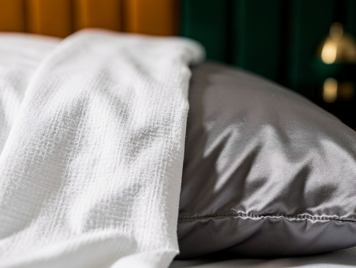 close-up detail photo of crisp white cotton percale duvet fabric texture next to
