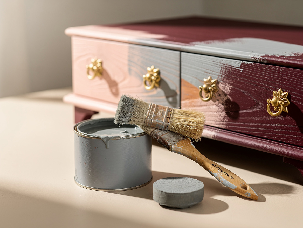 Close detail photograph of a hand-free furniture painting setup, open tin of sof