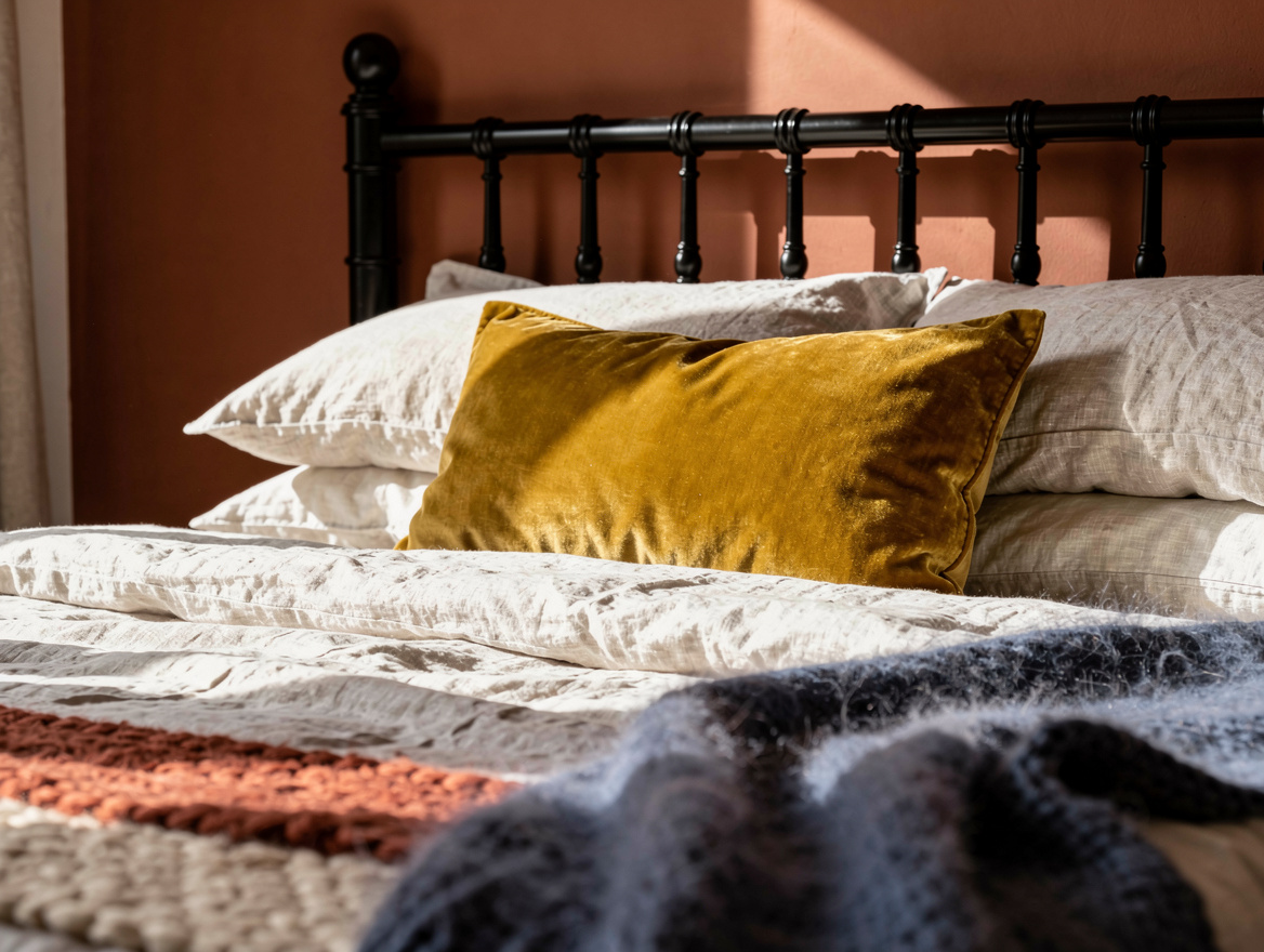 close-up detail of washed linen bedding in warm off-white with a mustard lumbar