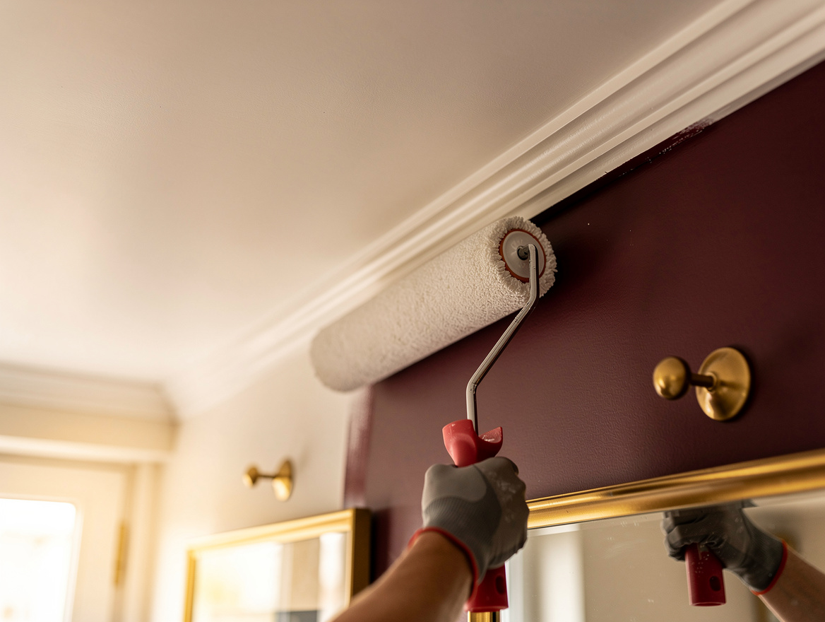 Close detail photograph of a painter's roller applying smooth flat warm-white pa