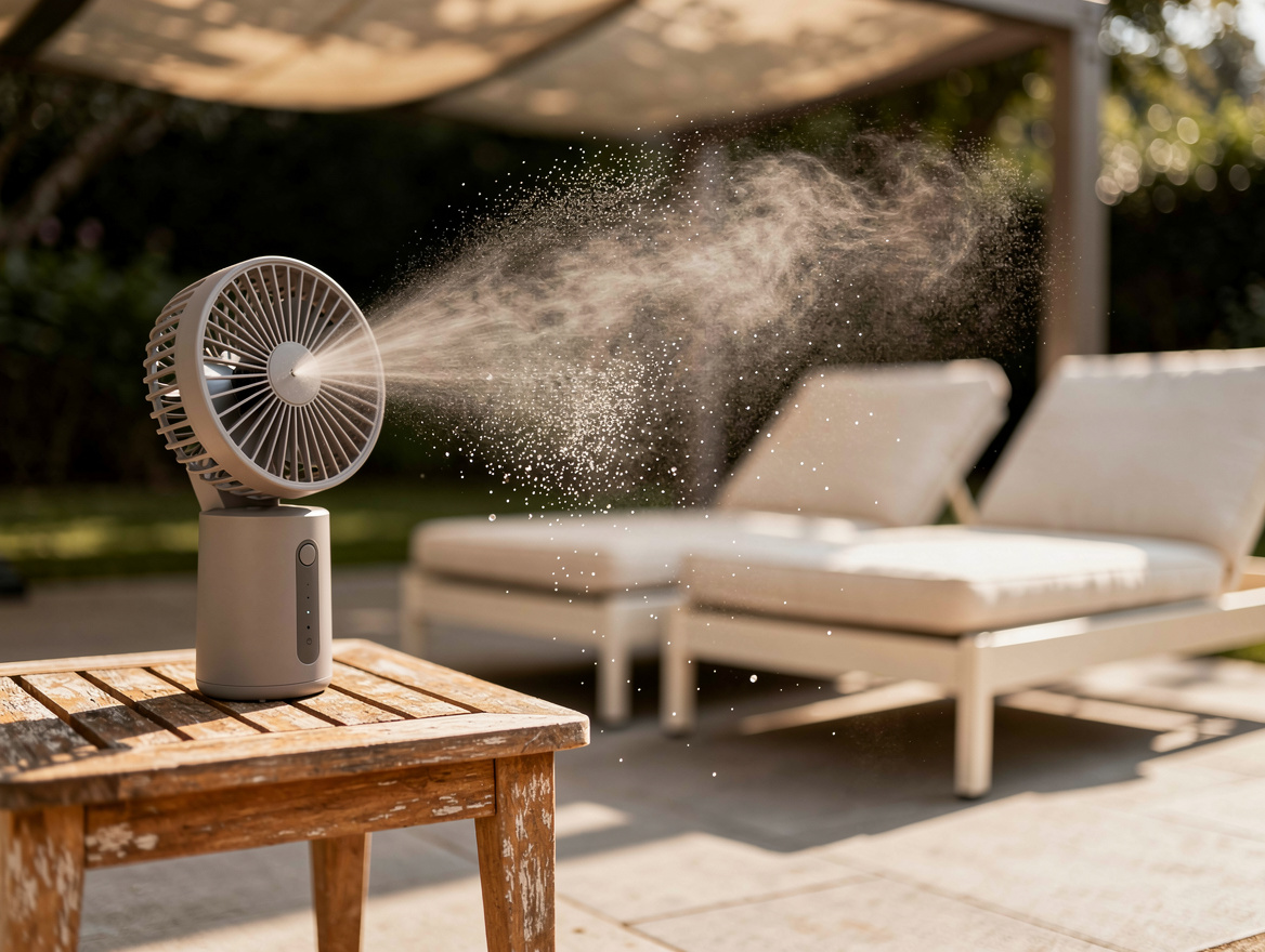 Close-up editorial photo of a battery misting fan beside cream outdoor loungers