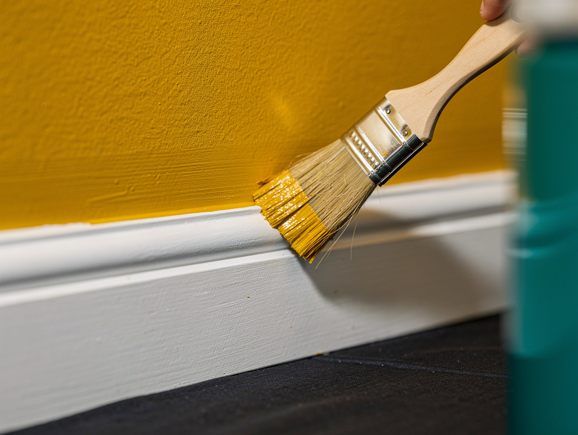 Close detail photo of an angled paintbrush cutting a crisp line beside white bas