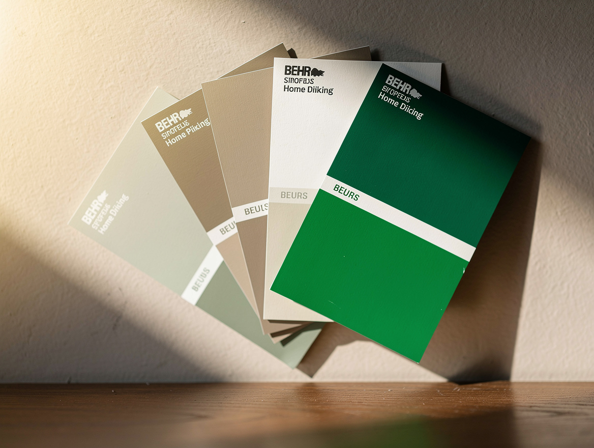 Editorial close-up of overlapping Behr paint sample boards in soft white, taupe,